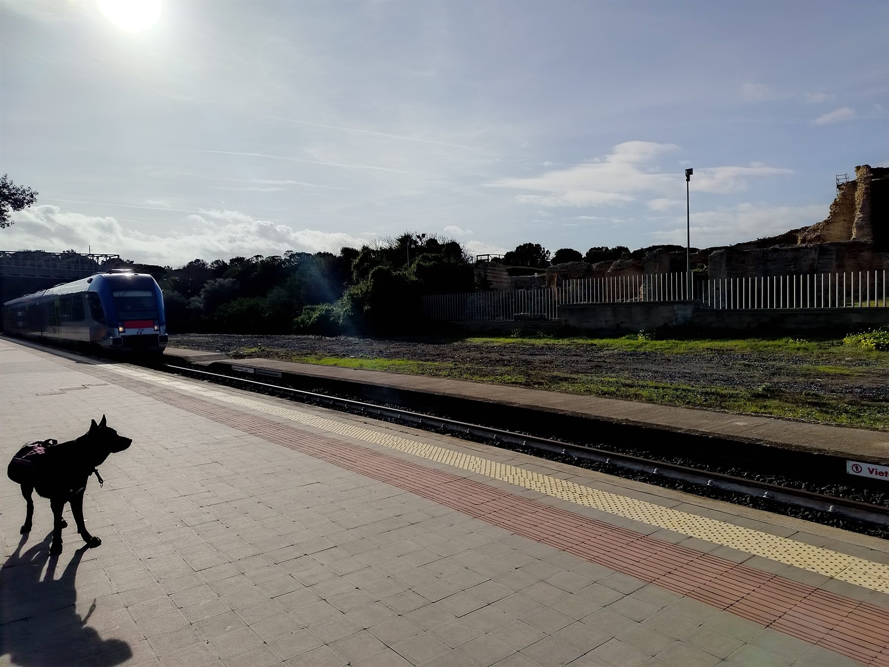 Mia waiting on a railway platform beside a train